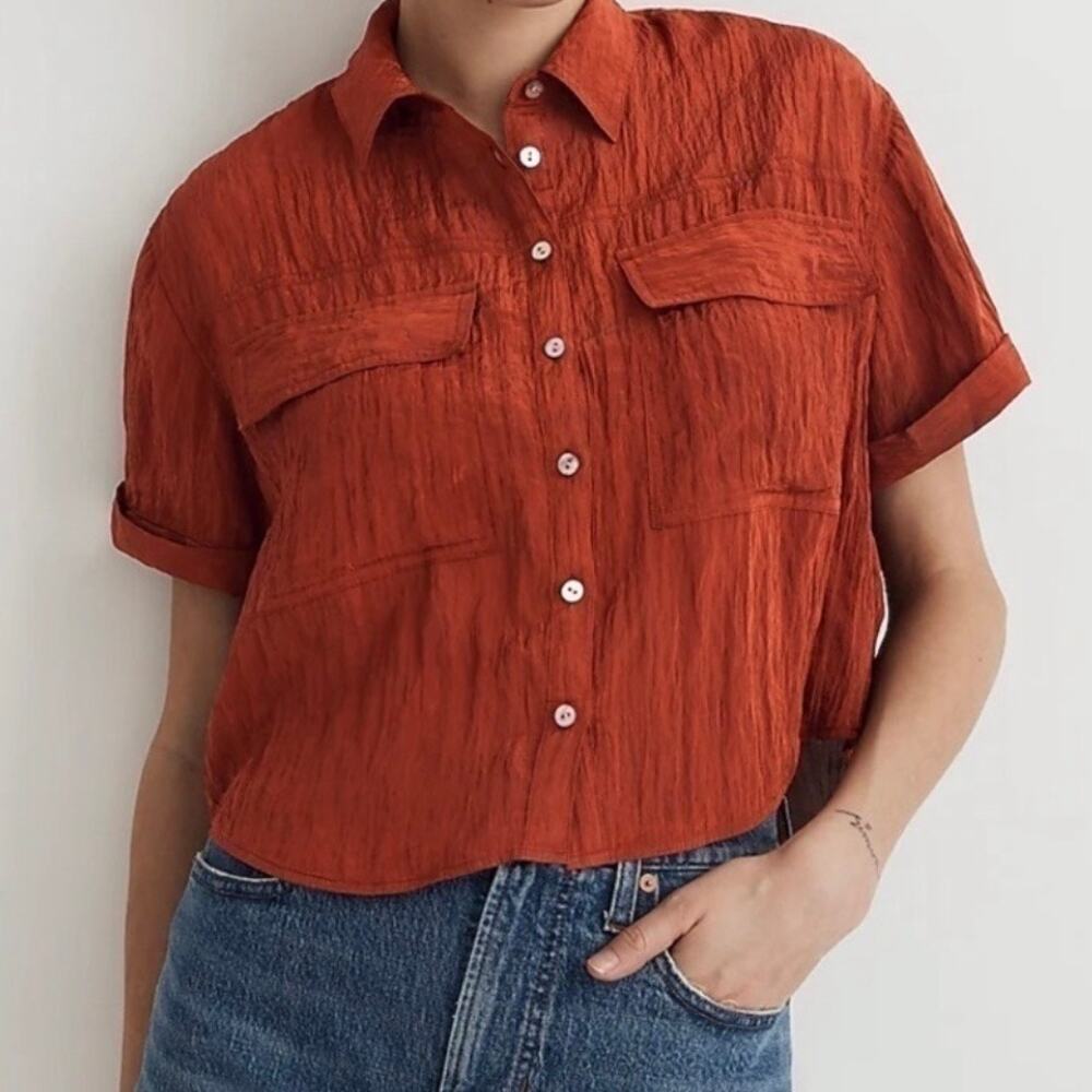 Madewell Crinkled Utitlity Button Up Shirt Women's Large Stained Mohagany
